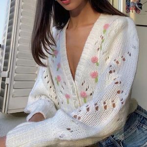 T-shirts tricots pour femmes Jastie bohème automne hiver pulls tricotés col en v évider Cardigans brodés floraux femmes