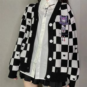 Tricots pour femmes Tees Kawaii Cartoon Broderie Cardigan Femmes JK Uniforme Damier Pull Manteau Automne Lâche Y2k Tricoté Sueters De Mujer 231006