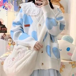 Camisetas tejidas para mujer, Top Kawaii, cárdigan de punto azul con estampado de corazón de estilo japonés, suéter bonito Harajuku Preppy a la moda con cuello en V para mujer 230317