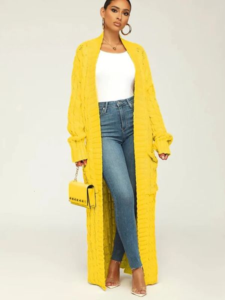 Tricots pour femmes Tees Kintted Cardigan Femmes Longue Veste Automne Hiver Jaune Crochet Lâche Manches Femme Pull Chaud Jumper Causal Cardigans 231016