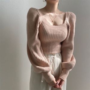 Damesbreien T -stukken gebreide damesroze trui vintage pullover schattige vierkante nek met lange mouwen Koreaanse modestijl herfst winterkleding 220914