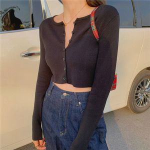 Damesbreien Tees Koreaanse stijl o-neck korte gebreide truien vrouwen dunne vest mode open vooraan button up mouw zonnebescherming crop top 221123