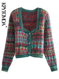Damesbreien Tees Kpytomoa Women Fashion Jacquard bijgesneden gebreide Cardigan trui vintage vierkante kraag knop-up vrouwelijke bovenkleding chic tops 221206