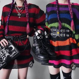 Lairauiy Femmes Y2K Egirl Goth Hole Rayé Pulls Tricotés À Manches Longues Déchiré Pull Pulls Punk Style Kawaii Harajuku 231018