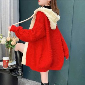 Tricot de tricots féminins grandes taille nouveau coréen lâche et de style paresseux veste en tricot de longueur moyenne d'épaisseur d'épaisseur cardiganl2405