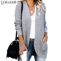 Camisetas de punto para mujer, suéter de bolsillo con solapa curvada LOGAMI, cárdigan sólido de manga larga para mujer, prendas de punto de otoño para mujer 230111