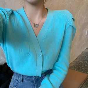 Dames Knits Tees Lucyever Koreaanse Puff Sleeve Gebreide Vesten voor Vrouwen 2021 Herfst Solid Color Slim Fit Sweater Button V-hals Cardigan