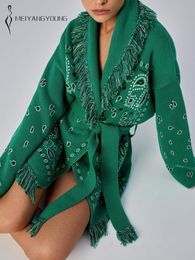 MEIYANGYOUNG Cardigan en tricot de cachemire pour femmes Pulls Femme Pull surdimensionné Haut à manches longues Gland Imprimer avec ceintures Veste lâche Manteau 230413