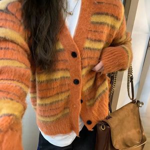 Femmes tricots t-shirts Mohair rayé Cardigan floue Wuzzy frontière col en V boutonné pull tricoté veste femmes unisexe automne hiver 231101