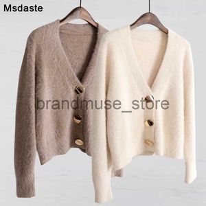 Women's Knits Tees Mohair pull femmes Cardigans 2019 hiver col en v doux tricoté hauts vêtements d'extérieur solide blanc marron décontracté femme tricots chandails J231208