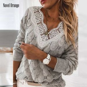 Dames Gebreide T-shirts Nieuwe Dames V-hals Uitgehold Kanten Trui Herfst Winter Casual Lange mouwen Dames Truien Effen Gebreid Streetwear Dropshipping T221012