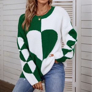 Femmes Tricots T-shirts O Cou Coeur Chandail Tricoté Femmes Pull Tricots Style Coréen Kawaii Jumper Hiver Casual Chandails Vert Tops 221007