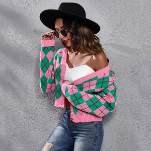 Dames Knits Tees Pink-Green Rhombic Check Diamond Knit Cardigan Short Sweater Dames Losse slijtage