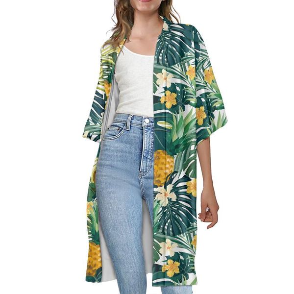 Tricots pour femmes T-shirts Polynésien Kimono Cardigan Tribal Vert Ananas Et Fleurs 2022 Mode Casual Printemps Femmes Trench-Coat Avec Floral