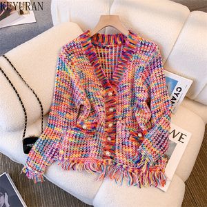 Women's Knits Tees Rainbow Striped Tassel Knitted Cardigan Dames Vintage Koreaanse mode Lange mouw V-hals Single-breasted truien voor dames 230729