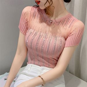 Tricots pour femmes Tees Sexy Hollow Out Drills Summer Short Sleeve Sweater-Shirt Cultiver One'S Morality Ice Silk Blouse Thin Female Knit Net Yarn 220914