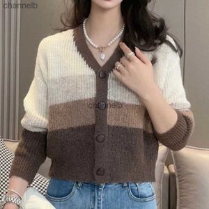 Camisetas de punto para mujer Cárdigan corto a rayas de colores suaves Mujer Otoño Chaqueta de suéter de punto de manga larga Invierno Vintage Cálido con cuello en V Suéteres Top 28585 HKD230821