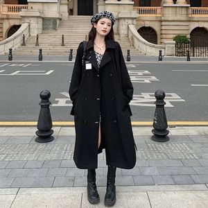 Tricots pour femmes T-shirts Printemps Automne Harajuku Mi-longueur Trench-Coat Noir Mince Avec Sashe Casual Manches Longues Double Boutonnage Femme Coupe-Vent 230109
