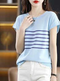 T-shirts en tricot pour femmes T-shirt d'été en coton rayé col rond à manches courtes en tricot ample demi-manche mince base de rodage intérieure 231011