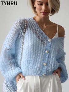 T-shirts en tricot pour femmes TYHRU hauts au crochet pour femmes pulls tricotés léger transparent mince voir à travers le pull Cardigan ample 230928