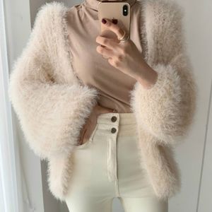 Damesbreien T-stukken V-Neck Furry Loose Gebreide Cardigan Mohair Crochet Sweater Jacket Faux Fur Plush Velvet Lantern Sleeve Top 230111