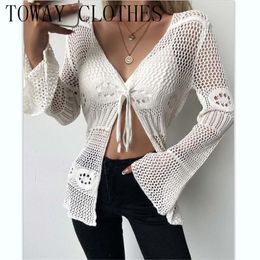 Camisetas de punto para mujer, cuello en V, tejido acanalado, manga acampanada, lazo frontal, cárdigan calado, suéter elegante para mujer 230829