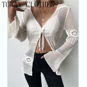 Dames Knits Tees V-hals Ribgebreid Bell Sleeve Tie Front Hollow Out Vest Chic Trui Voor Vrouwen 230829