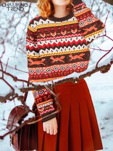 Dames gebreide T-stukken Vintage truien Winter dikker gebreide trui Oversized nationale jacquard wollen trui Kleur gestreepte top 231018