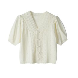Camisetas de punto para mujer, suéter de manga corta con cuello en V, cárdigan corto fino de primavera, blusa con manga de burbuja, mangas 230821