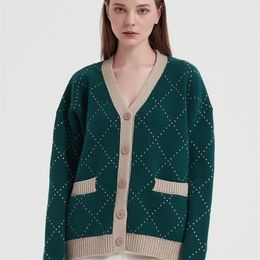 Tricots pour femmes Tees Wixra Femmes Simple Boutonnage Argyle Cardigan à manches longues Automne Hiver Élégant Vert Tricots Poches Pull 220927