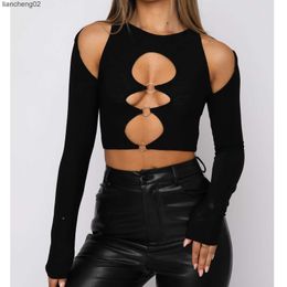 Damesbreien T Tees dames crop top solid color t-shirt volwassenen sexy slanke fit lange mouw ronde nek uitsnede sexy tube top met ringen streetwear y2k w0306