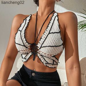 Damesbreien TEES Dames Sexy Bikini Tops Contrast Kleur Mouwloos bandage Backless Gebreide Haakvlinder zwempakken Top Beachwear Mbathing Suit W0306