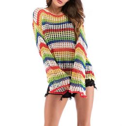 Tricots pour femmes T-shirts Tricots pour femmes Rainbow Striped Stitching Color Hollow Out Crochet Flare Sleeve Oversized Sweet Casual Knitted Tops DropShip 230620