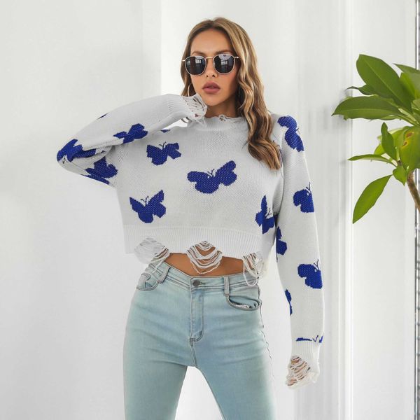 Y2K Butterfly Print Hole Pull Femmes Tricoté Crop Top Automne Hiver À Manches Longues Femme Chandails Lâche Tops Casual Streetwear T221012