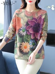 Mulheres malhas tees yisu 2023 outono inverno mulheres camisola moda flor padrão impresso jumper minklike veludo solto pulôver de malha 231018