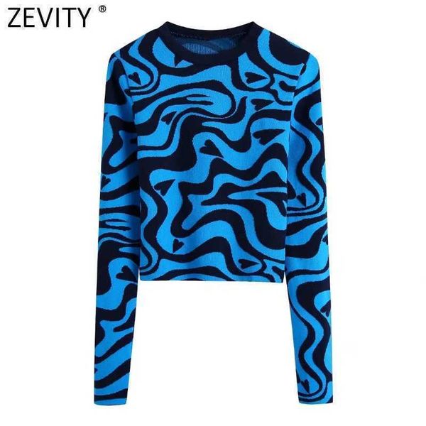 Camisetas de punto para mujer Zevity New Women Vintage Animal Pattern Print Short Knitting Sweater Lady Chic O Neck manga larga Slim Pullover Crop Tops SW1078 T221012