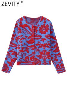 Zevity Femmes Vintage O Cou Fleur Jacquard Pull À Tricoter Femme Chic À Manches Longues Double Poches Cardigan Manteaux Tops CT3000 230821