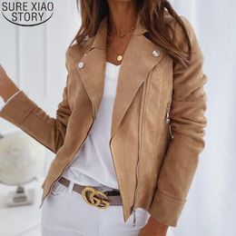 Femmes tricots t-shirts veste à glissière femmes automne hiver solide à manches longues mode vestes en cuir marron mince Style petit ami PU manteau 17079 231016