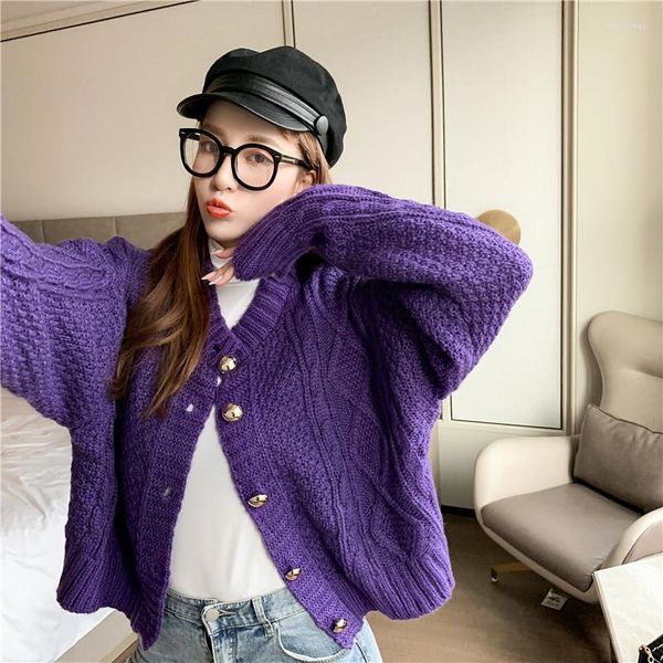 Suéter corto TingYiLi de punto para mujer, cárdigan, suéteres cálidos para otoño e invierno, estilo coreano para mujer, morado, Beige, caqui