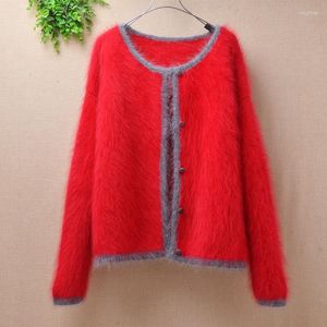 Puntos de mujer Top Mujer Moda suelta Navidad Rojo Corto Invierno Mink Cashmere Cardigans Mangas largas Angora Piel Suéter Abrigo Chaqueta