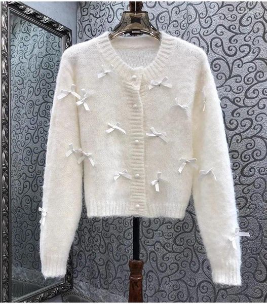 Cárdigan tejido de alta calidad para mujer, prendas de punto de otoño e invierno, suéter blanco informal de manga larga con lazo elegante Deco, 2023