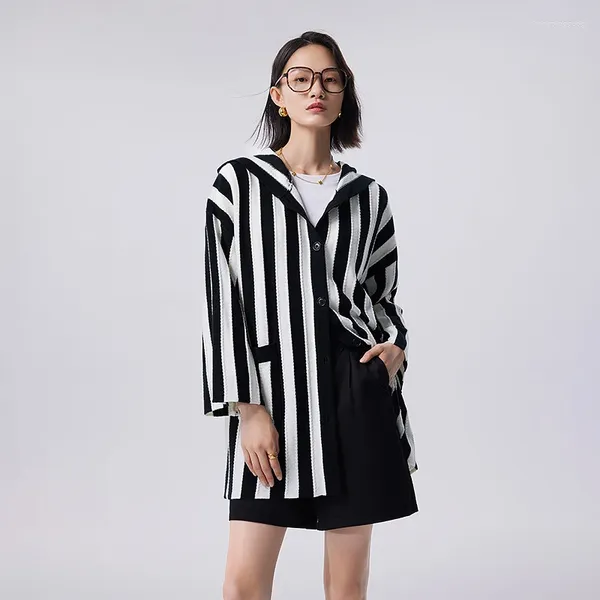 Tricots pour femmes Toyouth Femmes Mi Longueur Cardigan tricoté 2023 Automne Manches longues Pull à capuche en vrac Noir et Blanc Stripe Casual Outwear