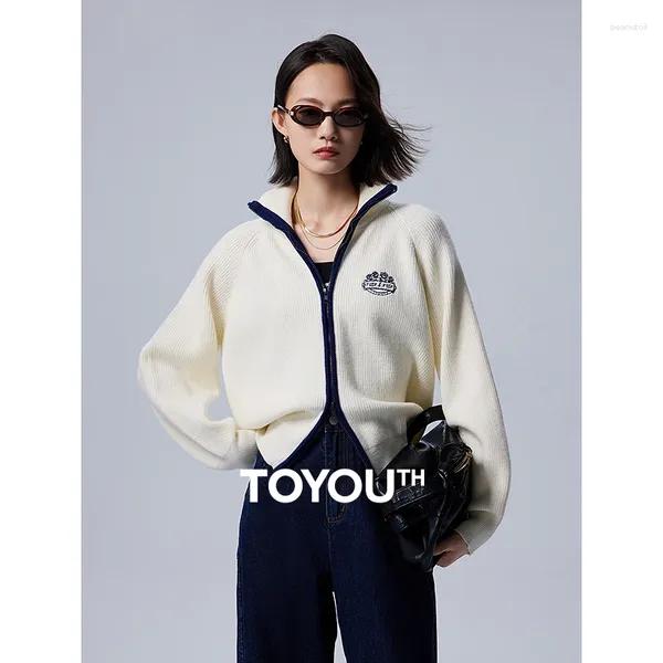 Puntos para mujer Toyouth Mujeres Suéter Chaqueta 2023 Otoño Manga larga Cuello alto Cremallera suelta Punto Cardigan Vintage Único Casual Blanco Tops