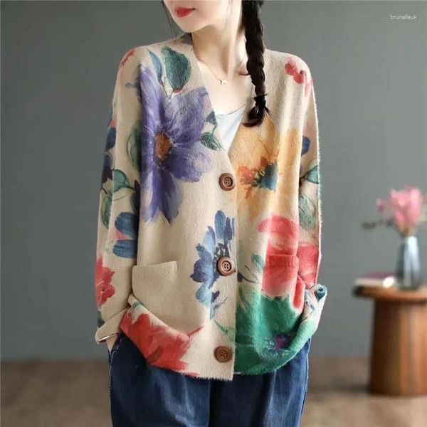 Cárdigan de punto TPJB para mujer, suéter de visón holgado Vintage, chaqueta larga con estampado Floral, abrigo tejido de lana de Cachemira con cuello en V para mujer