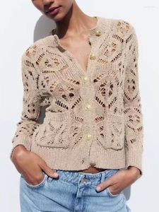 Tricots pour femmes TRAF Femmes élégantes évider Cardigan tricoté Vintage Col rond Simple Boutonnage Mince Pull Manteau 2024 Mode