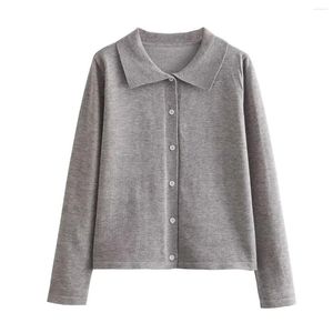 Tricots pour femmes TRAFZA 2024 Automne Cropped Cardigan tricoté pour femmes à manches longues gris tricot ensemble bouton élégant femme pull crop top
