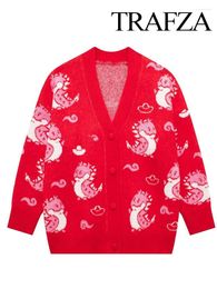 Jerséis para mujer TRAFZA, suéter rojo de dibujos animados a la moda para mujer, cárdigans de primavera para mujer, prendas de punto elegantes con cuello en V, cárdigan de punto de manga larga