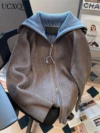 Женский трикотаж UCXQ, дизайнерский свитер с лацканами в тон, пальто-кардиган для женщин, свободная вязаная куртка с двойной молнией, осень-зима 2023, 23A5434