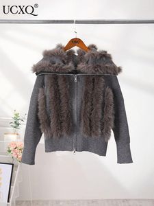 Puntos para mujer UCXQ Moda Mujeres Faux Fur Cuello Cardigan Abrigo de punto Manga larga Elástico Grueso Cálido Suéter Chaquetas 2024 Otoño Invierno