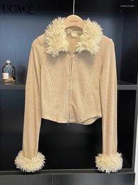 Maglieria da donna UCXQ collo di pelliccia impiombato caldo cardigan cappotto da donna manica lunga cerniera elastica giacca maglione bianco 2024 Primavera Inverno 23A5379